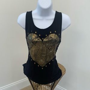 Ginger G Black Tank sleeveless tee with Gold Metallic Heart lace back shirt
